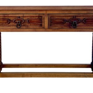 Mesa consola de nogal tallada vintage con patas Salomónicas y dos cajones, década de 1940