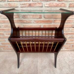 Estante de revistas de soporte de folio de vidrio y madera de mediados de siglo de la década de 1950