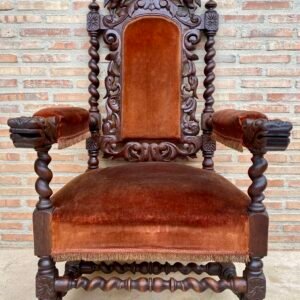 Silla de trono de nogal tallada francesa del siglo XIX