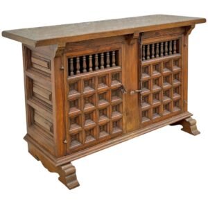 Credenza barroca española antigua en nogal tallado toscano, década de 1890