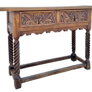Mesa consola española castellana con dos cajones tallados y patas torneadas, década de 1890